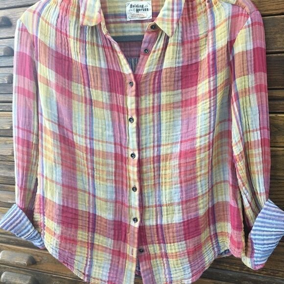 Anthro | HOLDING HORSES Orange Plaid Button Down | - Picture 4 of 6